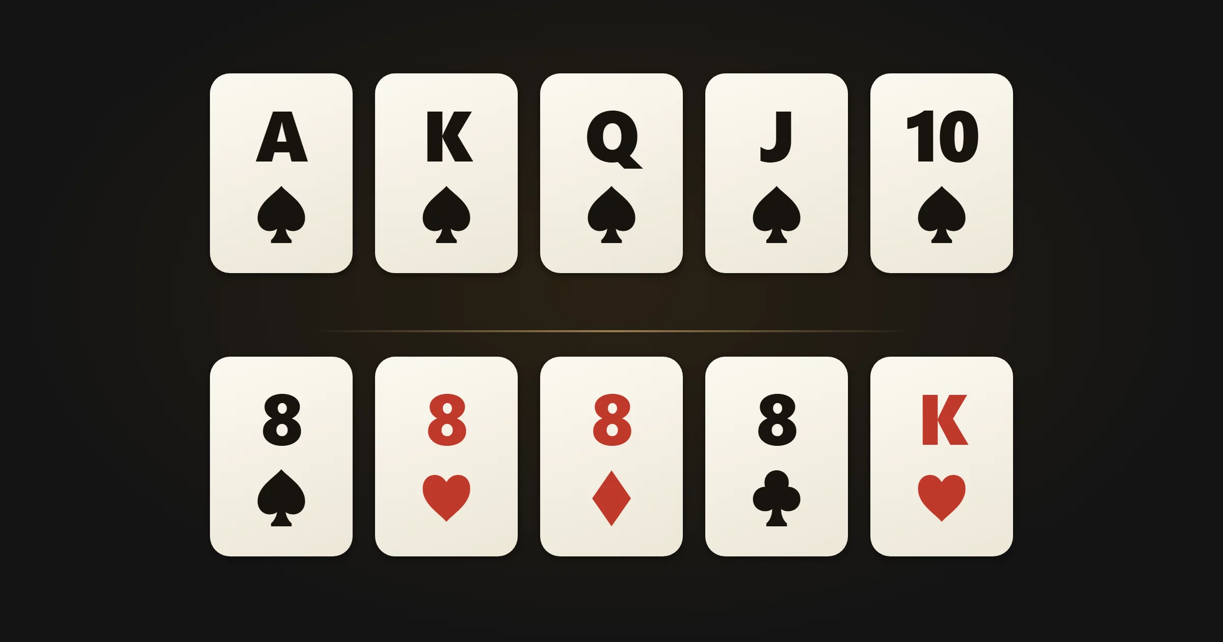 Royal flush és négy nyolcas egy kísérőlappal: a póker sorok két kombinációja.